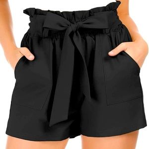 Bowknot Tie Waist Summer Casual Shorts with Pockets, black high waisted shorts
